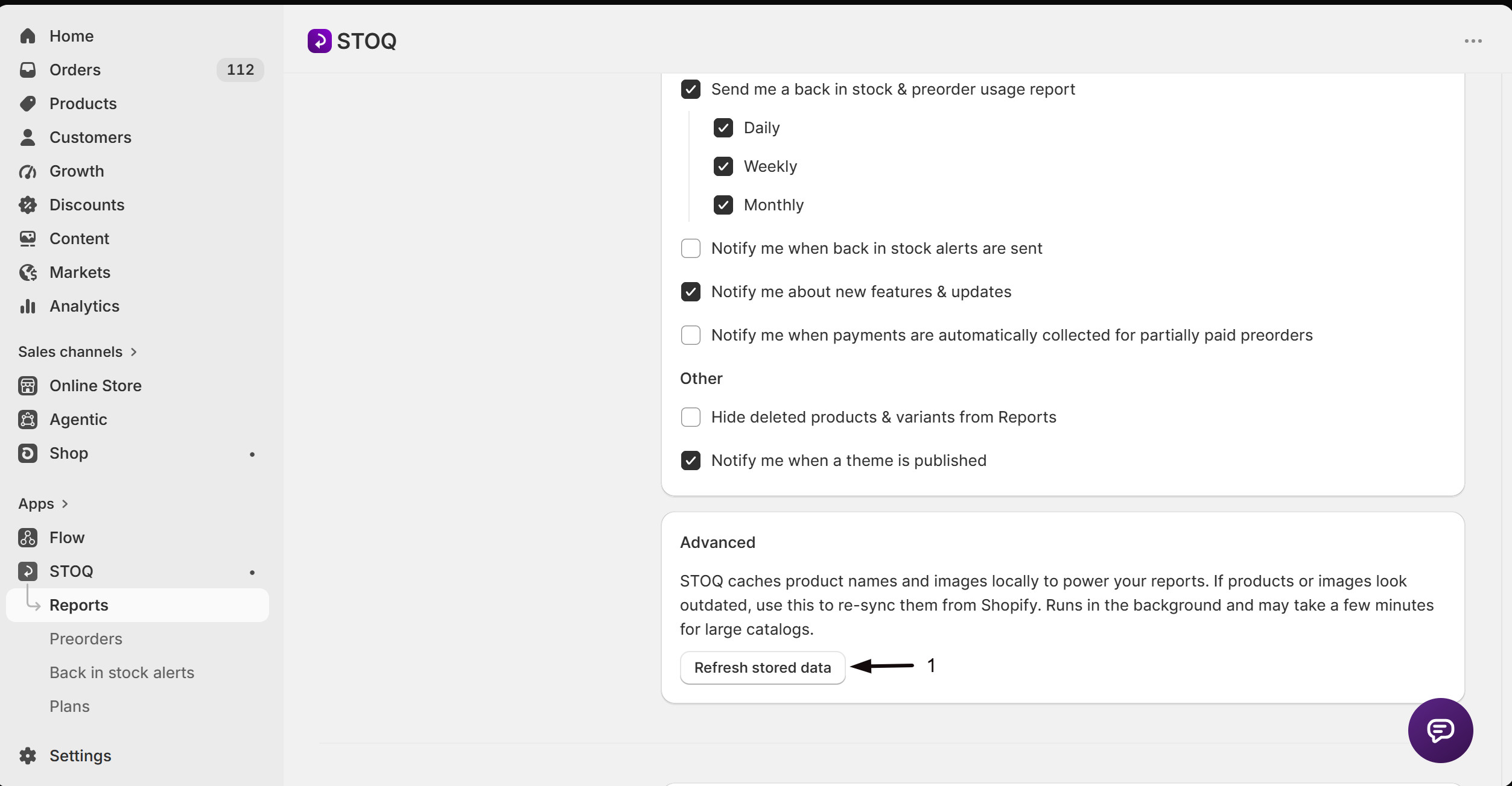 The Refresh stored data button in the Advanced section