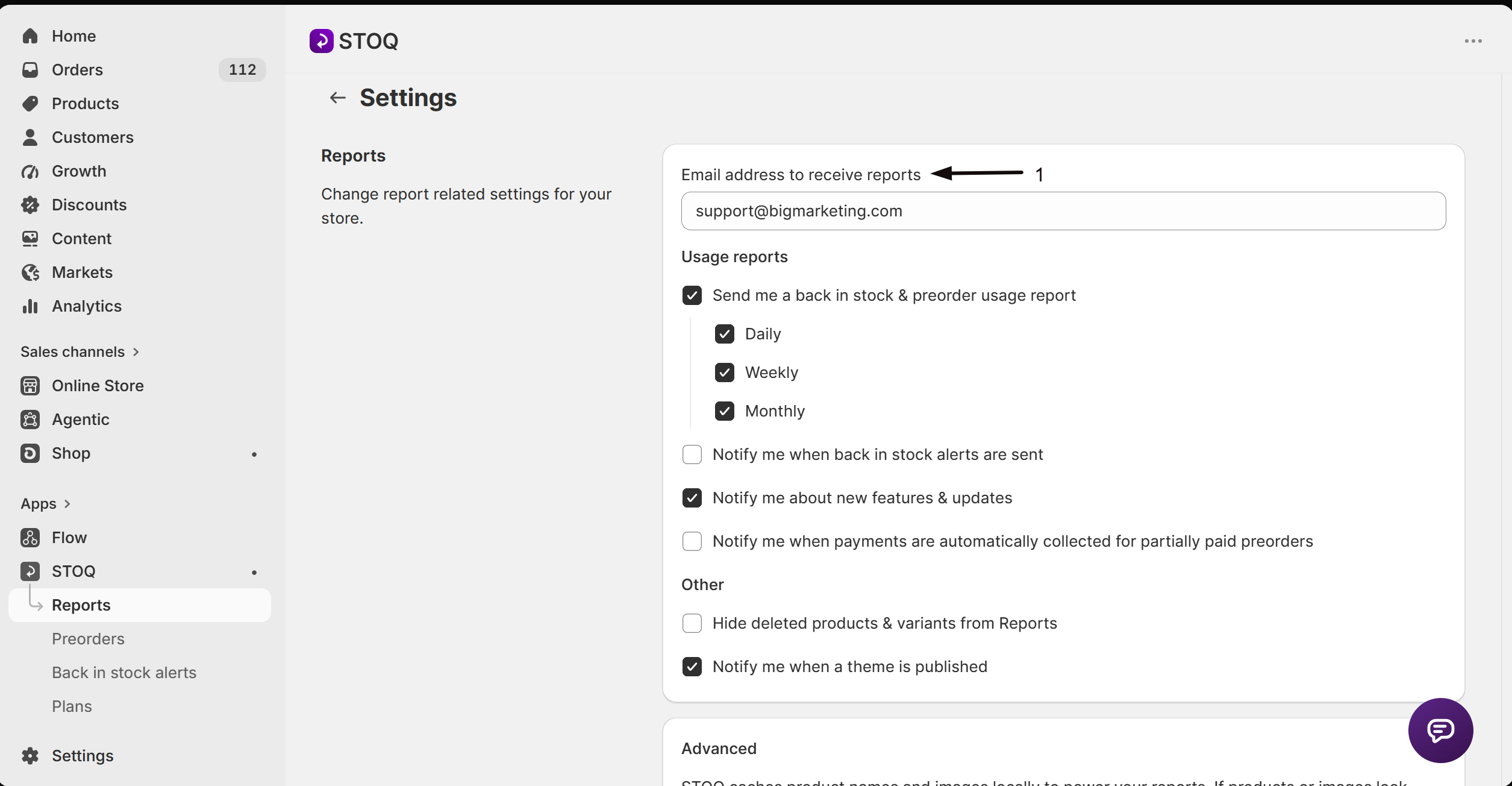 The Email address to receive reports field