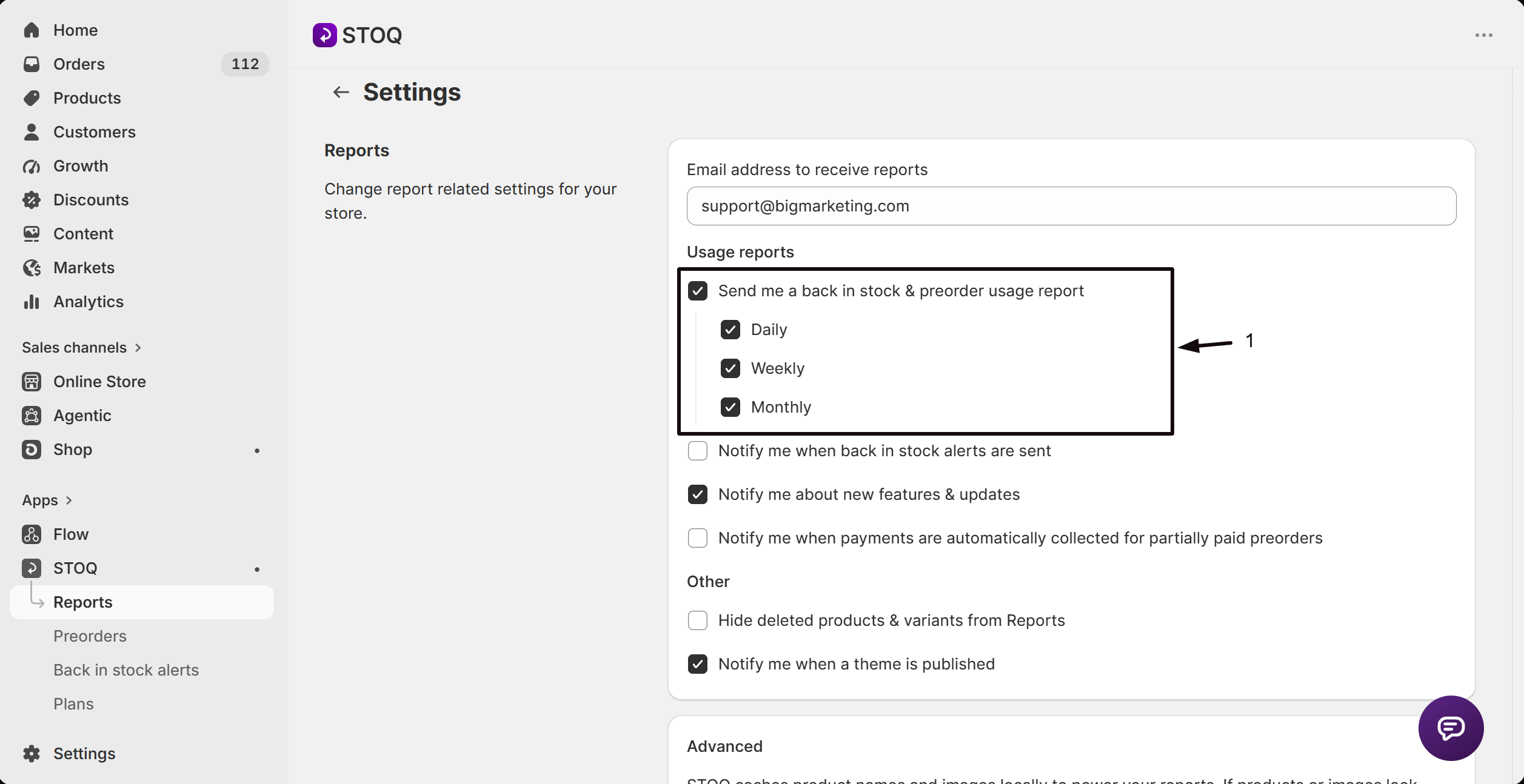 The Usage reports setting with its frequency options