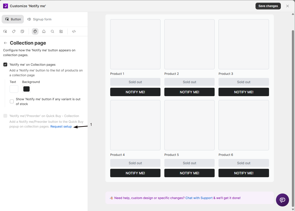 The Request setup link for Quick Buy or Featured products
