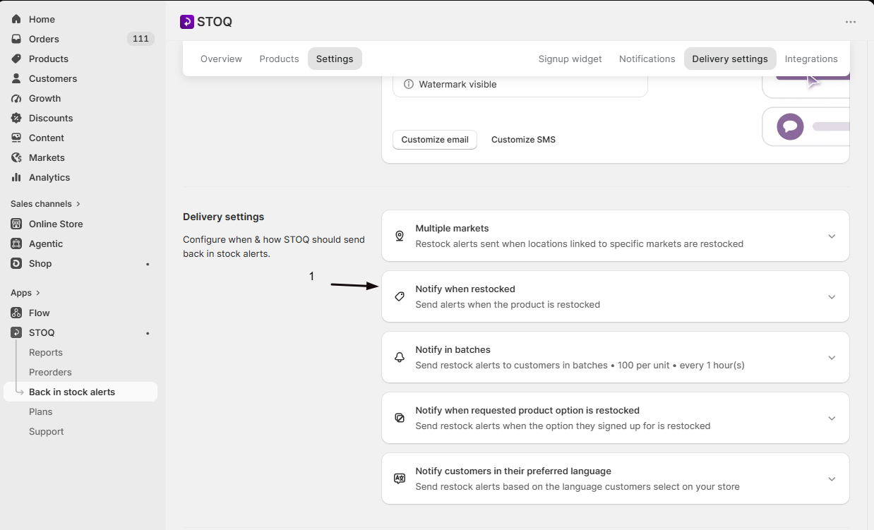 The Product status card on the Delivery settings page