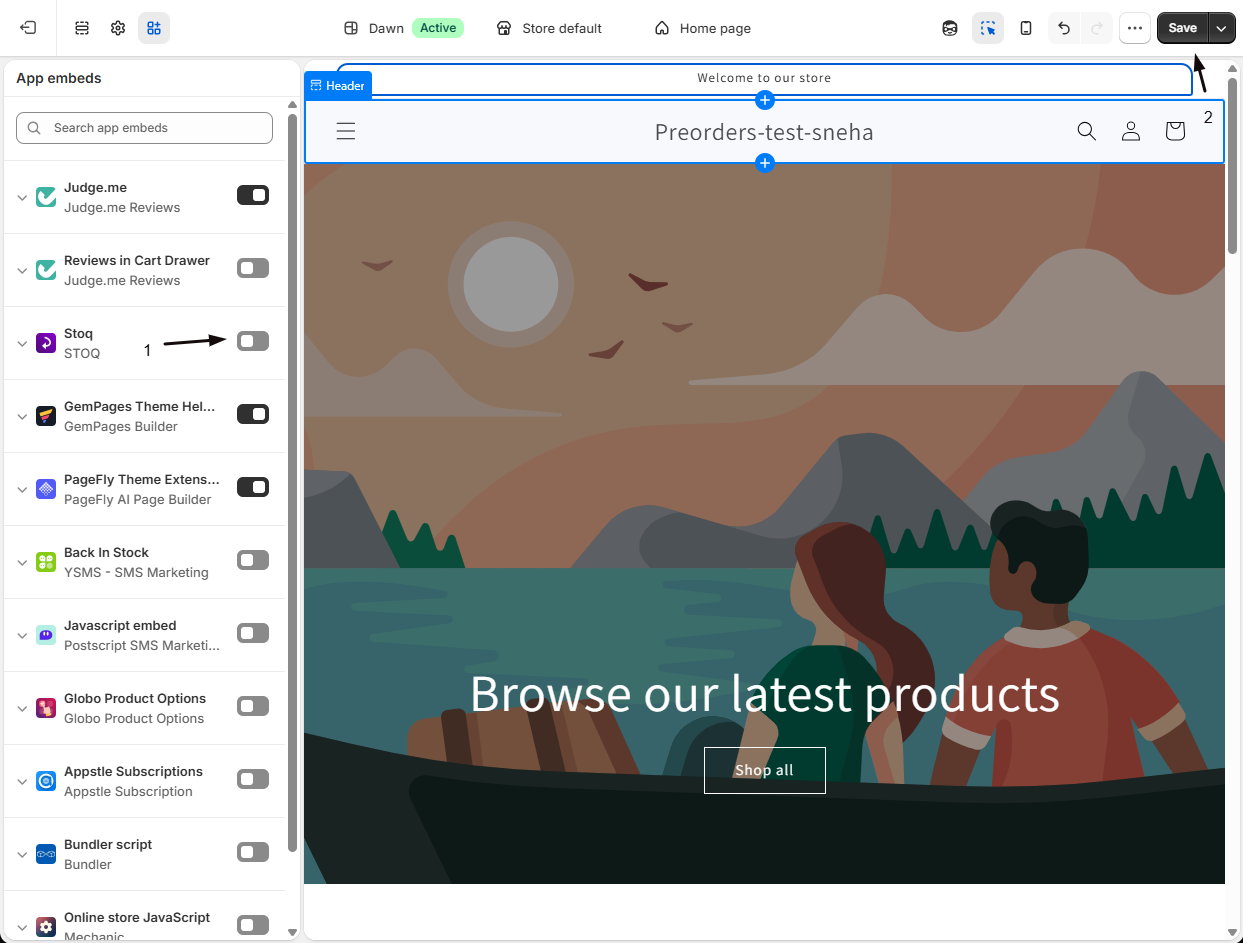 The Shopify Theme Editor with the STOQ app embed toggle on and the Save button