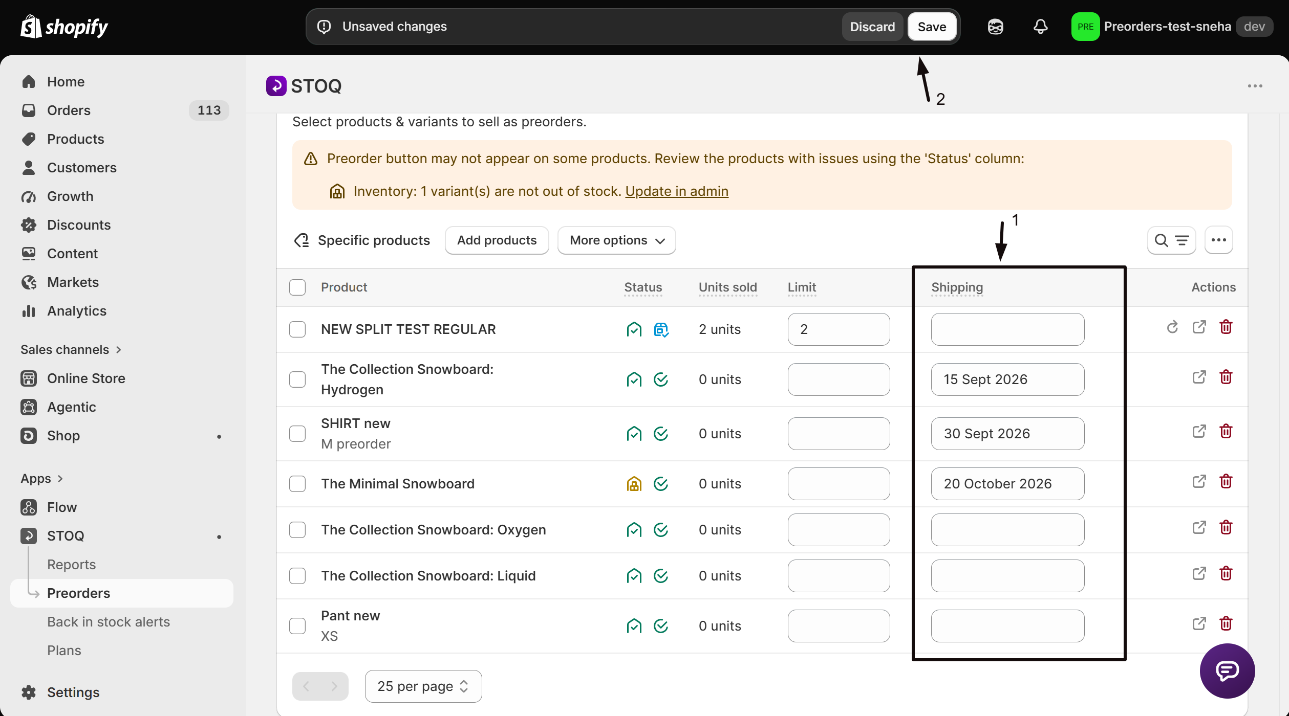 The Shipping column on the offer's Products tab