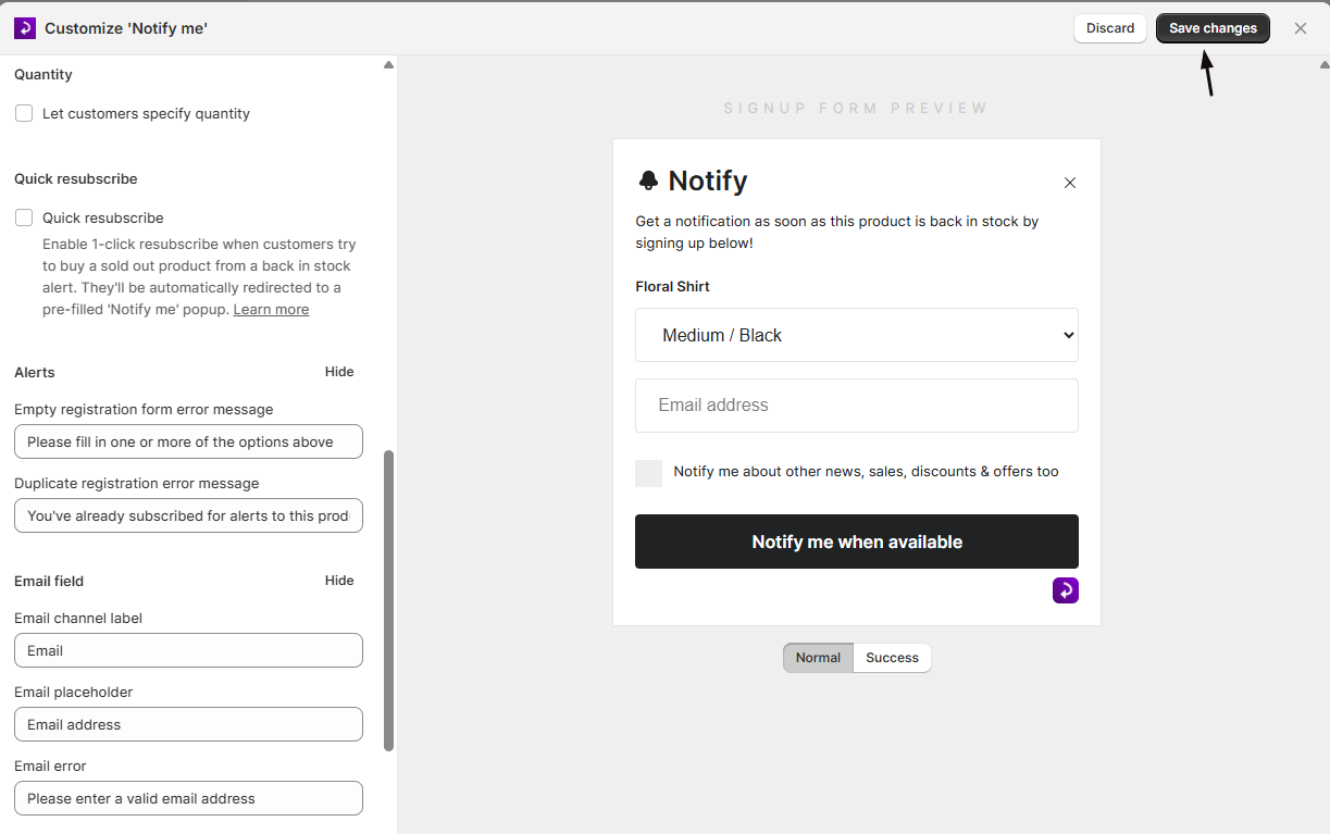 Saving the signup form changes