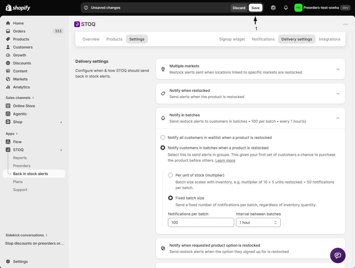 The Save button after setting up batched delivery