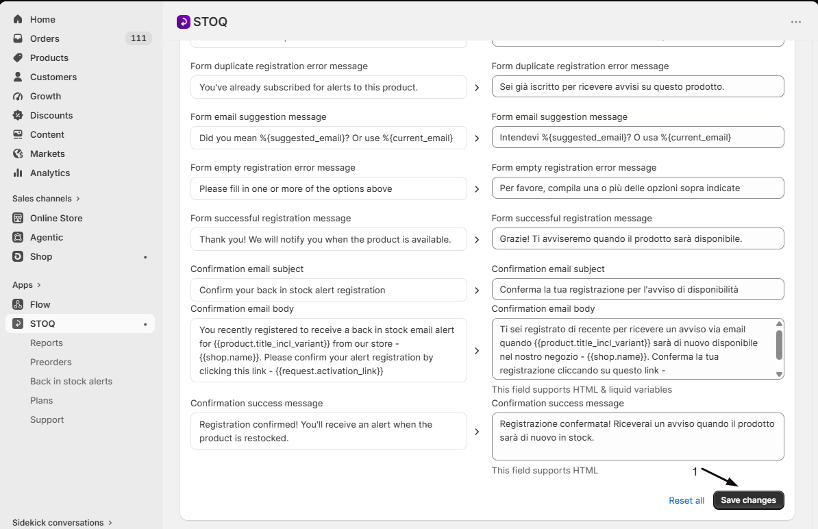 The Save changes button on the Button and popup translations page