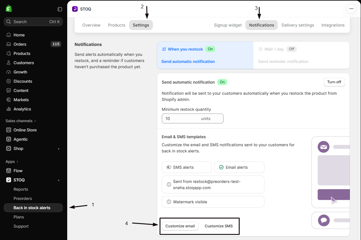 STOQ Back in stock alerts Settings Notifications sub-tab with markers: 1 Back in stock alerts in the left menu, 2 the Settings tab, 3 the Notifications sub-tab, 4 the Customize email and Customize SMS buttons