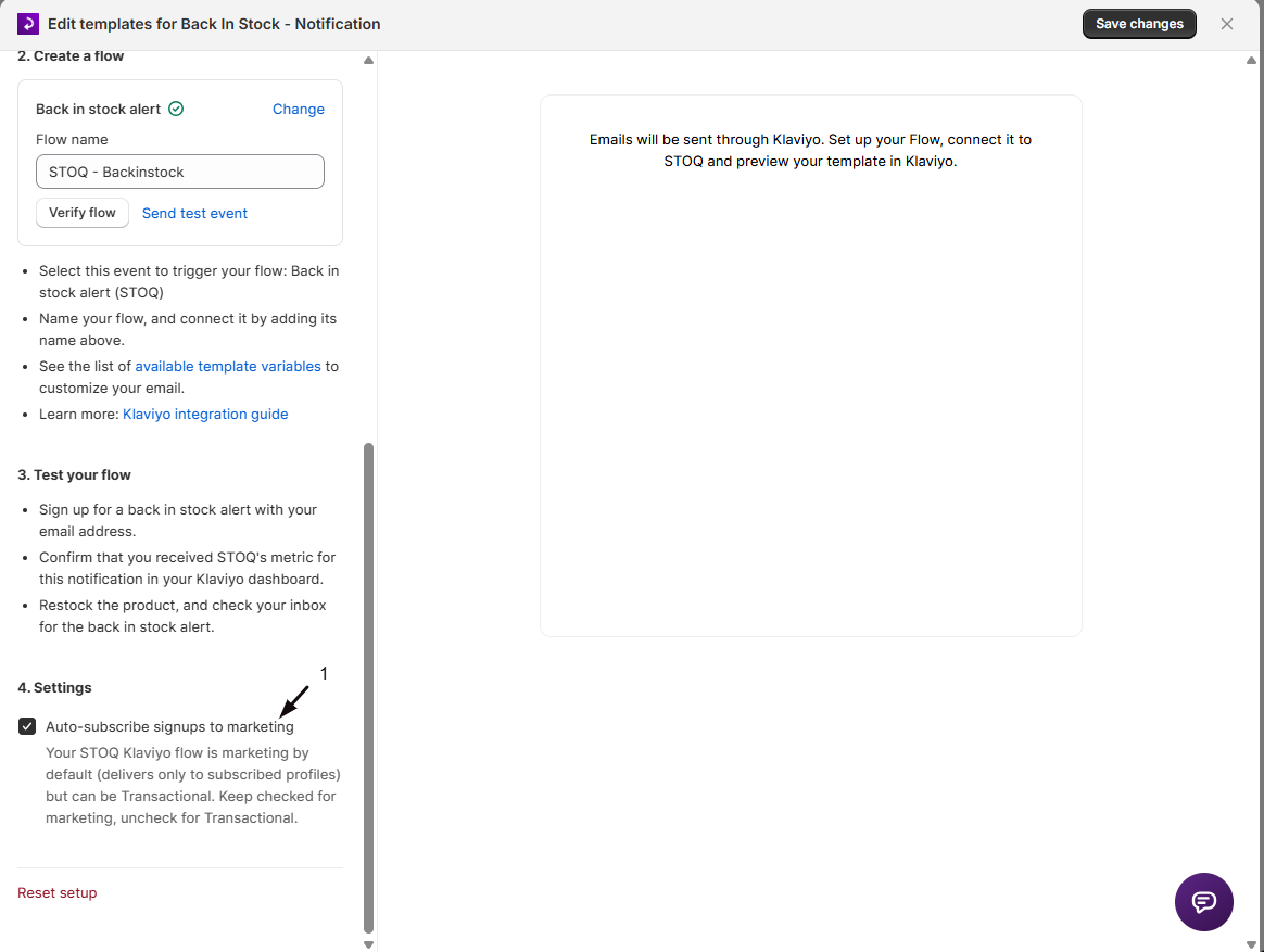 The Send emails through panel 4. Settings with marker 1 on the checked Auto-subscribe signups to marketing checkbox, which keeps flow emails marketing (subscribed profiles) unless set to Transactional