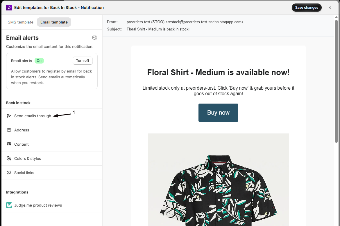 The Back in stock email template editor with marker 1 on the Send emails through item in the sidebar