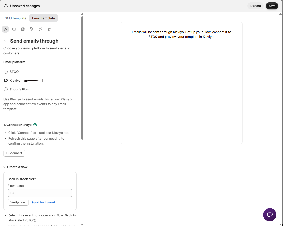 The Send emails through panel with marker 1 on the Klaviyo radio button under Email platform, showing 1. Connect Klaviyo verified and 2. Create a flow