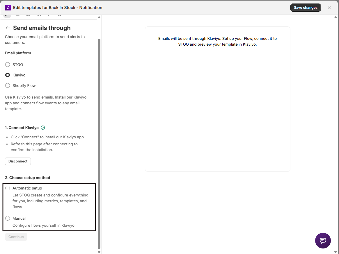 The Send emails through panel with the 2. Choose setup method options highlighted: Automatic setup and Manual, above the Continue button