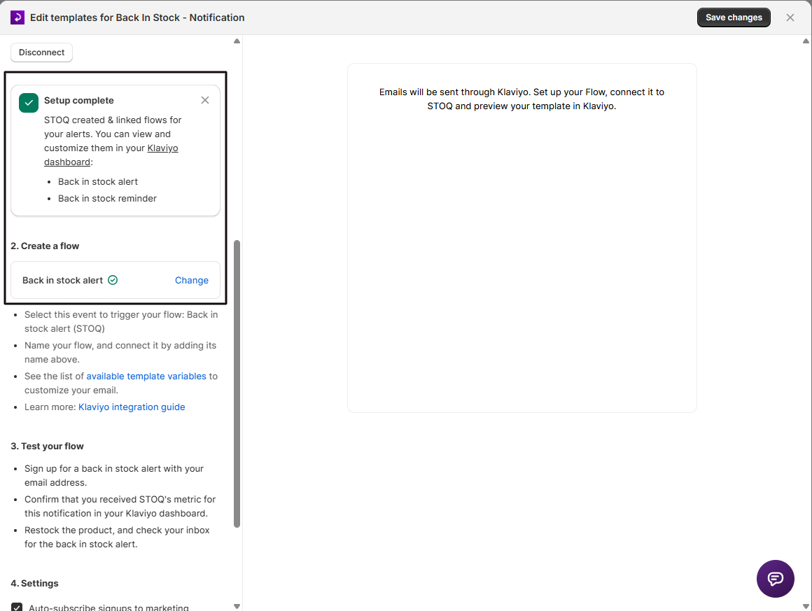 The Send emails through panel showing the Setup complete banner (STOQ created and linked the Back in stock alert and reminder flows) with 2. Create a flow verified