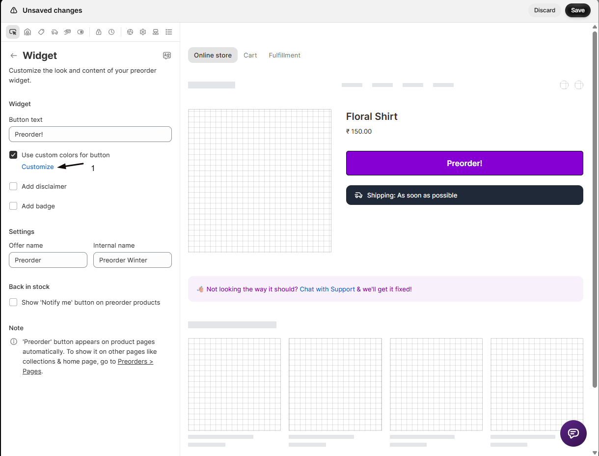 The Widget panel with Use custom colors for button checked and marker 1 on the Customize link, the preview button now purple