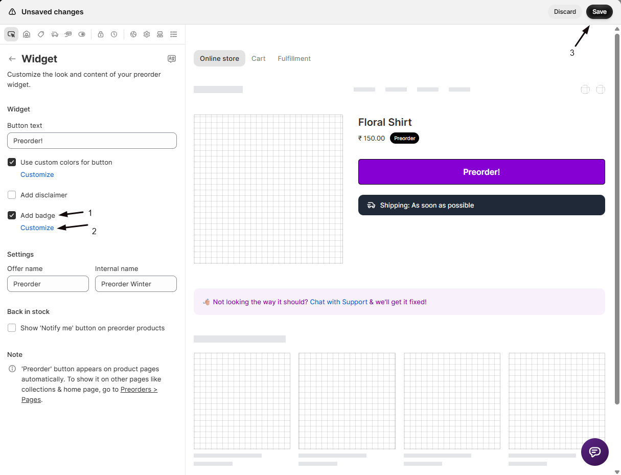 The Widget panel with marker 1 on the Add badge checkbox and marker 2 on its Customize link, a Preorder badge shown on the preview