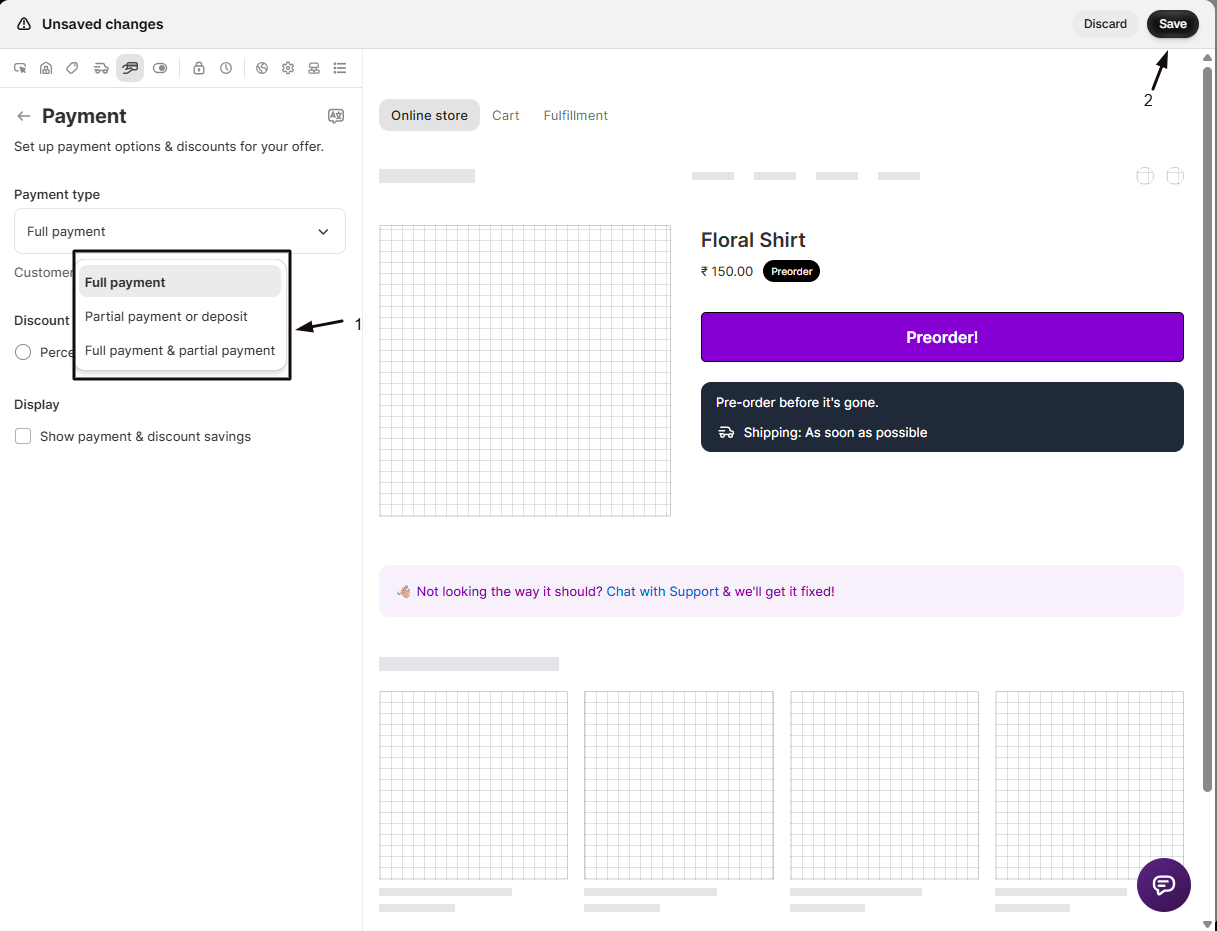 The Payment panel with marker 1 on the Payment type dropdown open, showing Full payment, Partial payment or deposit, and Full payment and partial payment