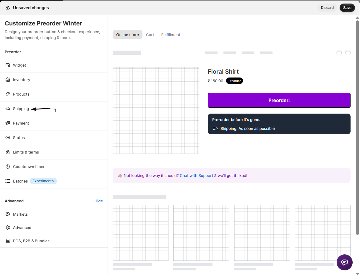 The offer editor with marker 1 on the Shipping item in the sidebar