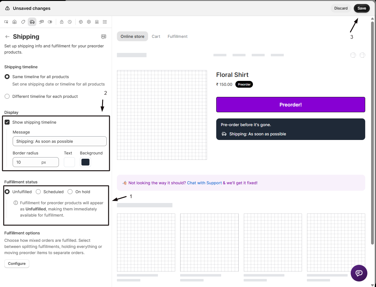 The Shipping panel with marker 1 on the Fulfillment status options (Unfulfilled selected, Scheduled, On hold) and marker 2 on the Show shipping timeline settings