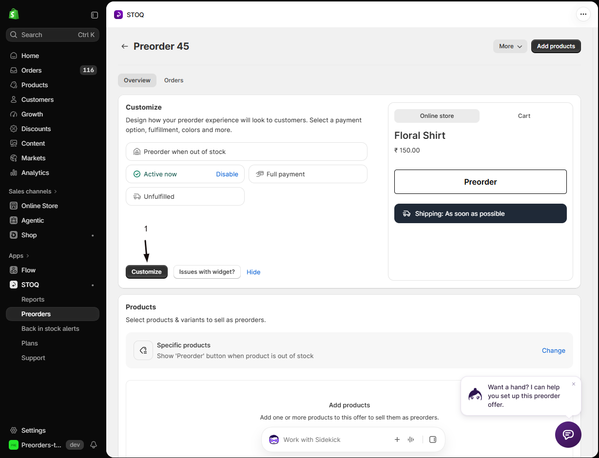 A new preorder offer’s Overview tab with the storefront preview and marker 1 on the Customize button
