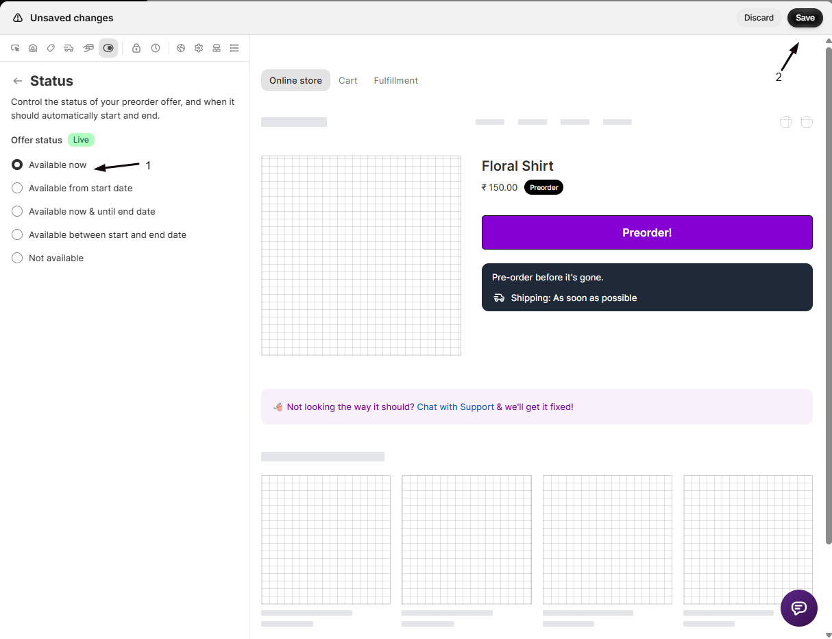 The Status panel with marker 1 on the Available now option and marker 2 on Save