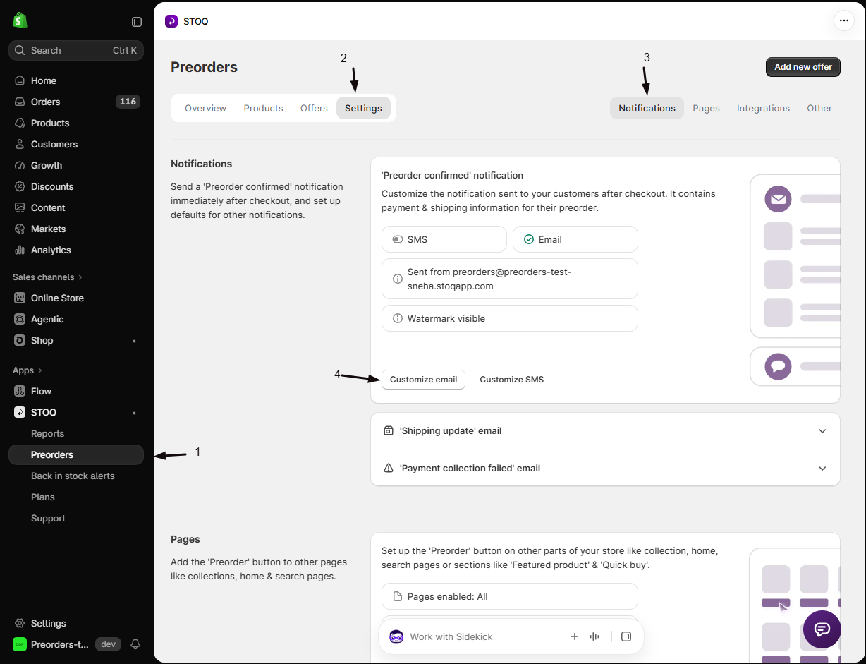 STOQ Preorders Settings Notifications sub-tab with markers: 1 Preorders in the left menu, 2 the Settings tab, 3 the Notifications sub-tab, 4 the Customize email button