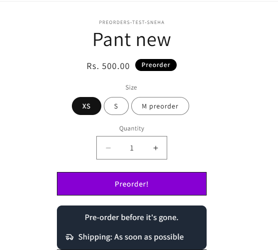 The storefront product page for Pant new showing the Preorder badge, the purple Preorder! button, and the Pre-order before it’s gone shipping disclaimer