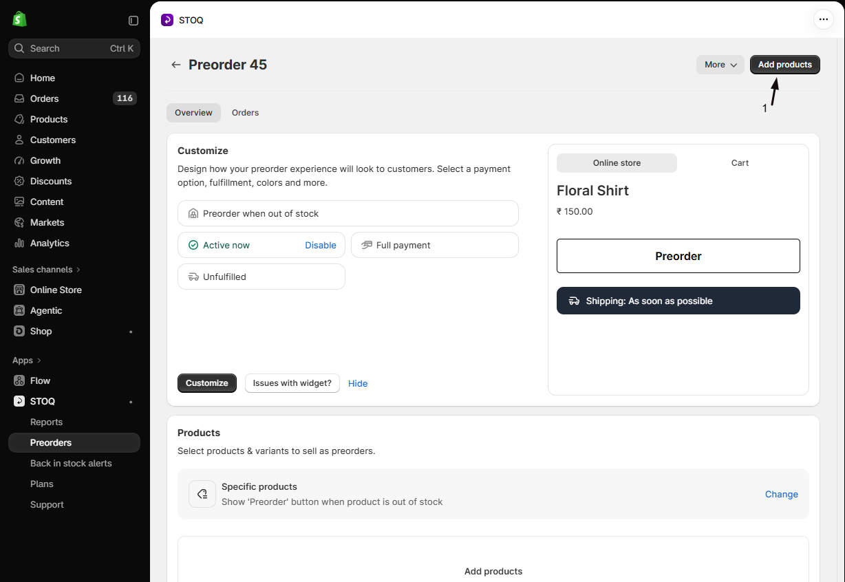 The offer Overview tab with marker 1 on the Add products button