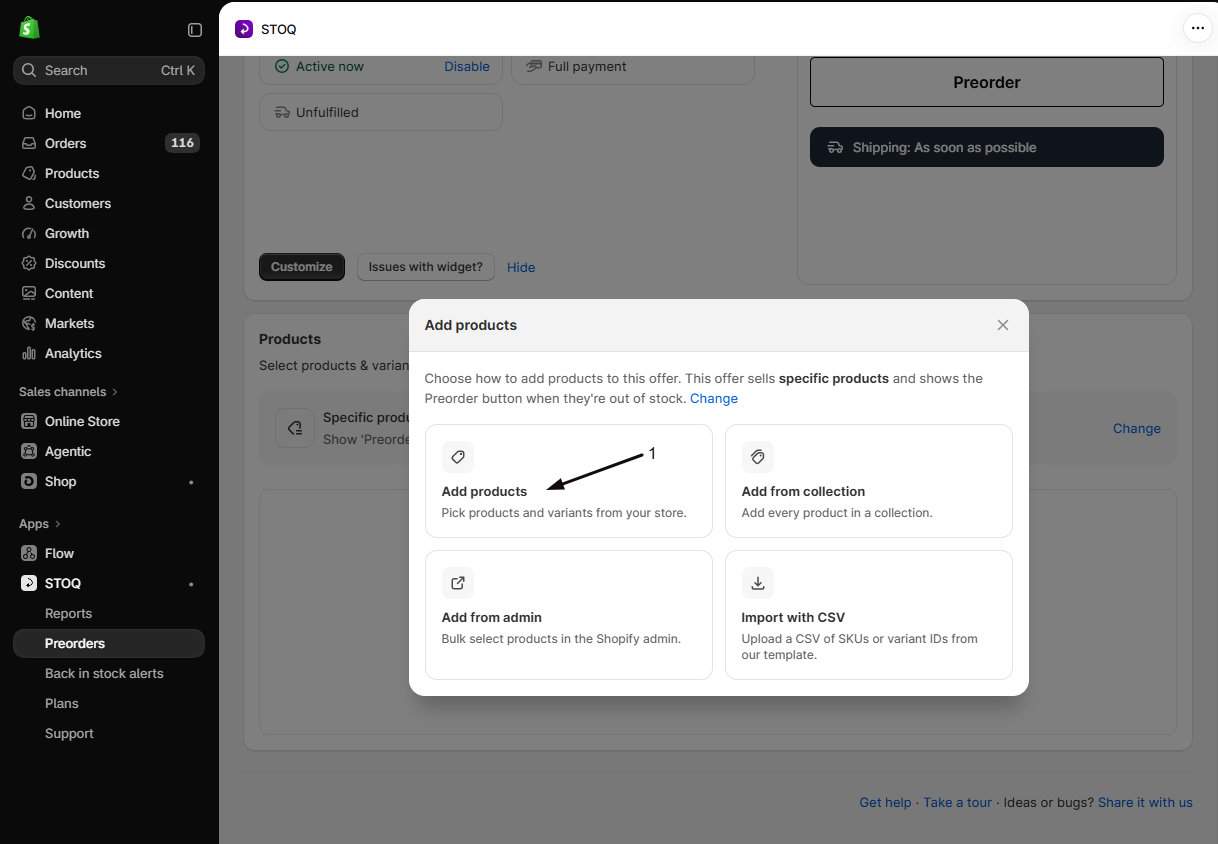 The Add products dialog with marker 1 on Add products (pick products and variants), alongside Add from collection, Add from admin, and Import with CSV