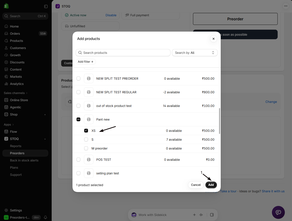 The product picker with a variant checkbox ticked (marker) and marker 1 on the Add button