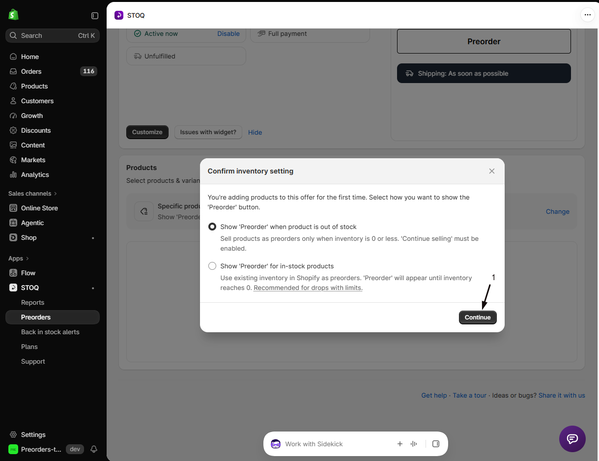 The Confirm inventory setting dialog with Show Preorder when product is out of stock selected and marker 1 on the Continue button