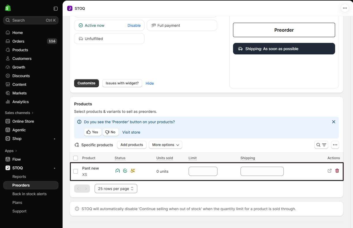 The offer’s Products section with the added variant row highlighted, showing its Status, Limit, and Shipping fields