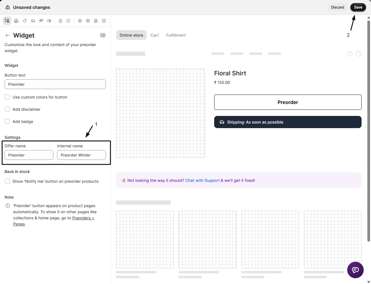 The Widget panel Settings group with marker 1 on the Offer name and Internal name fields, and marker 2 on Save