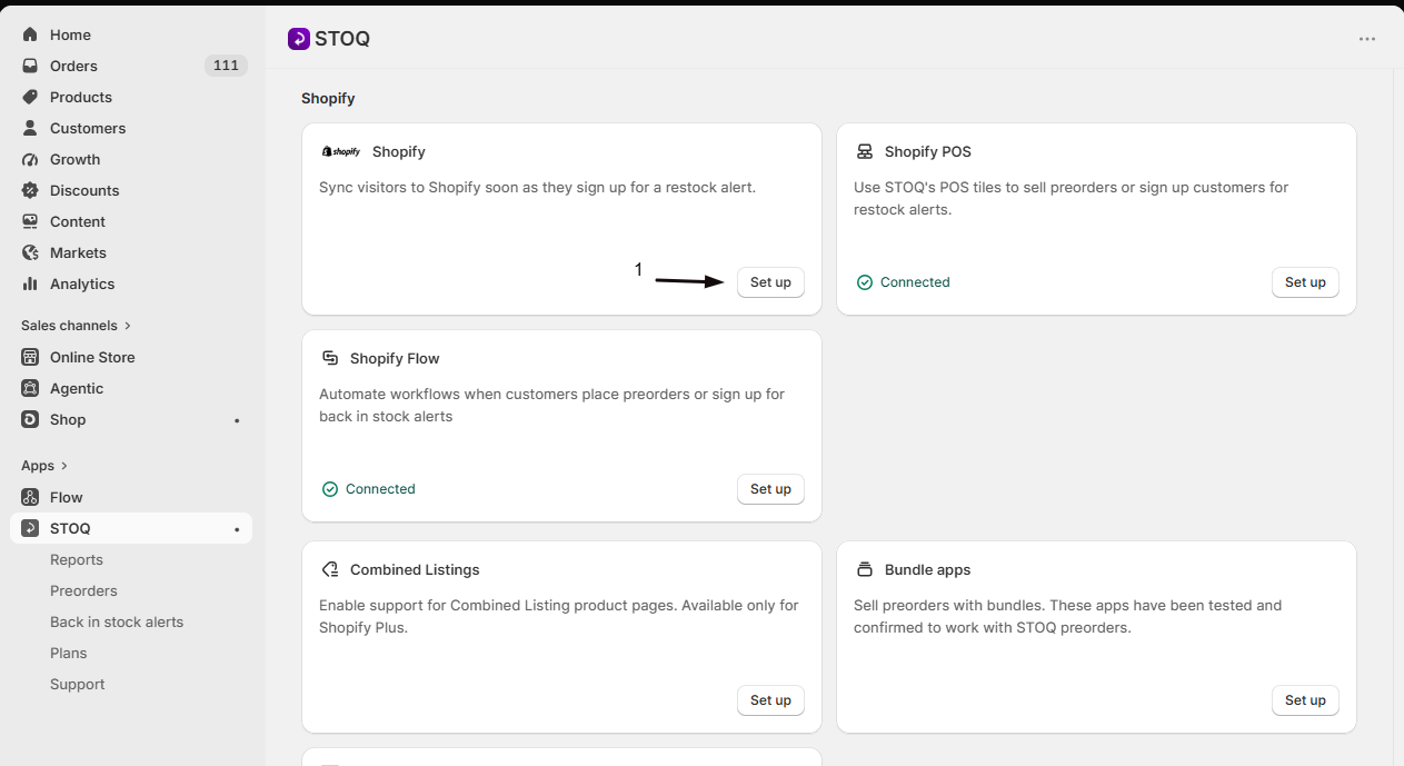 The Shopify card on the Integrations page