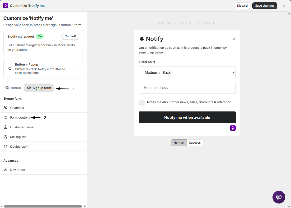 The Signup form tab with Form content selected in the widget editor
