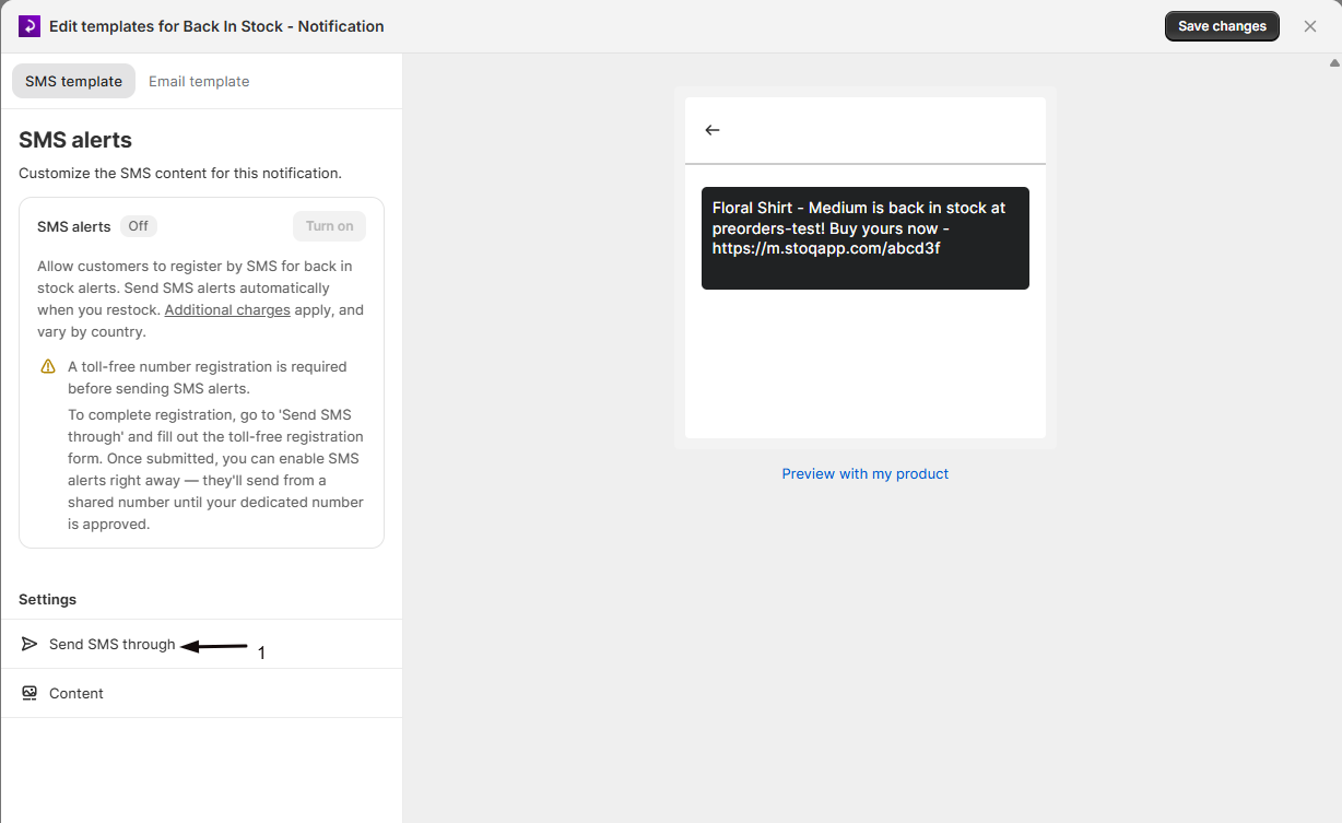 The Send SMS through options: STOQ, Klaviyo, or Postscript