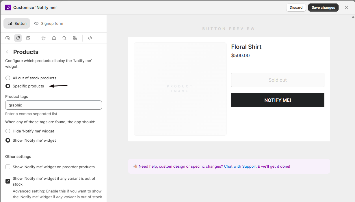 Selecting Specific products, which enables the Product tags field