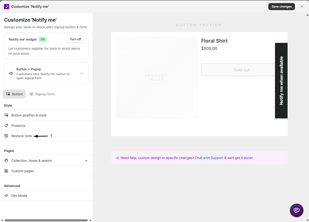 The Restock note section in the widget editor with a live preview