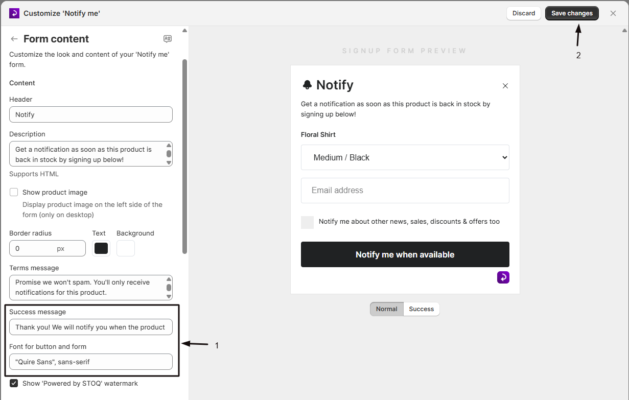 The Terms message and Success message fields