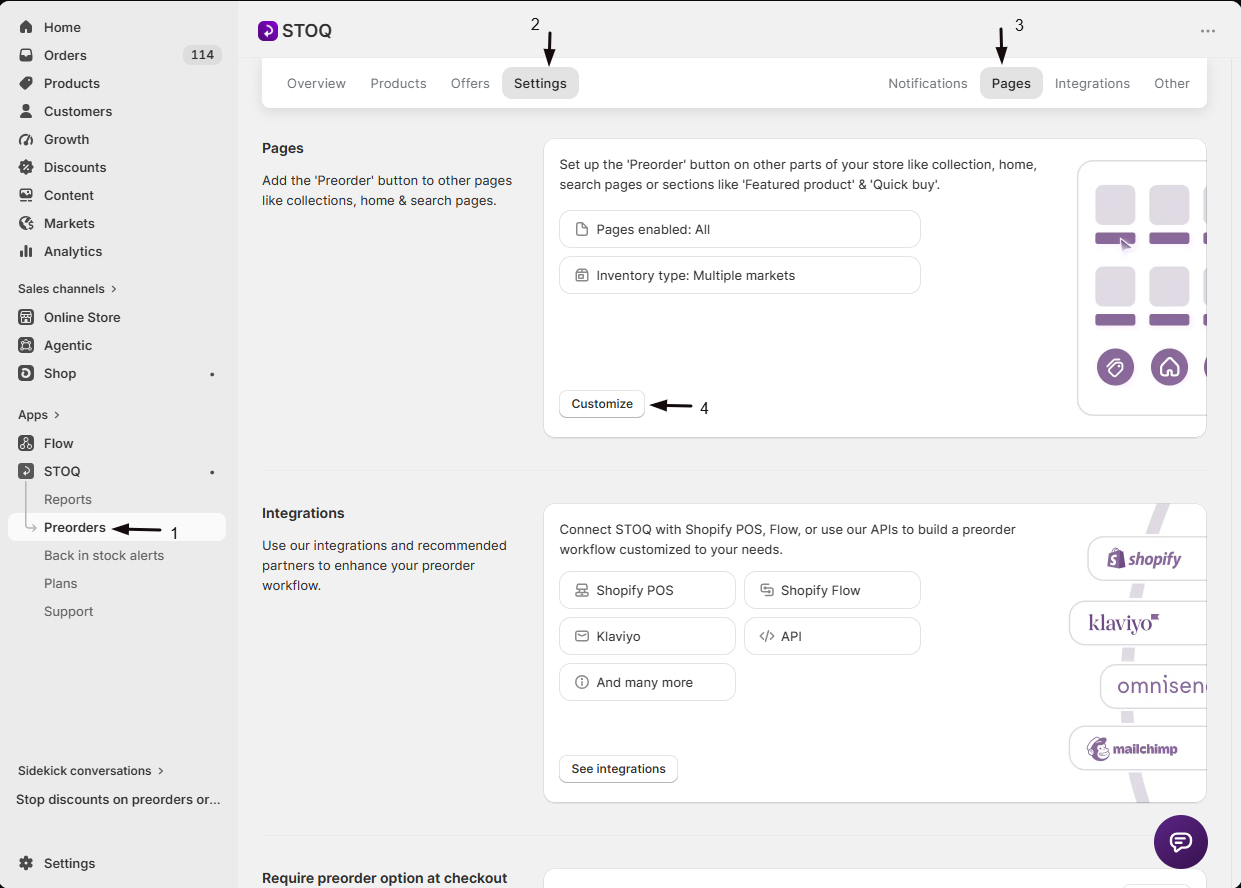 The Preorders Settings Pages sub-tab with the Customize button