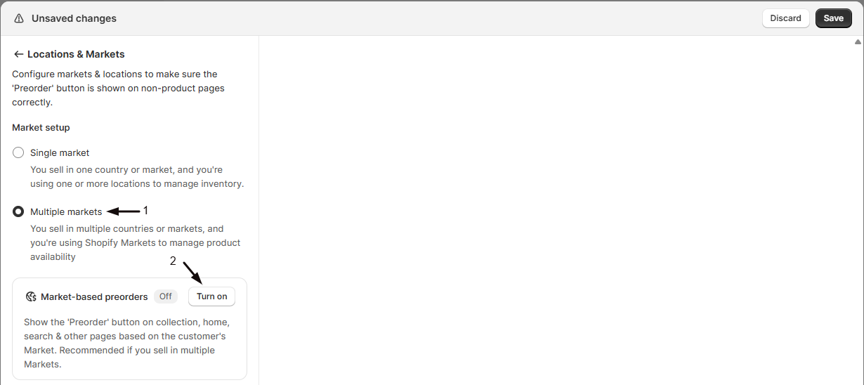 The Locations & Markets section with the Multiple markets radio button selected