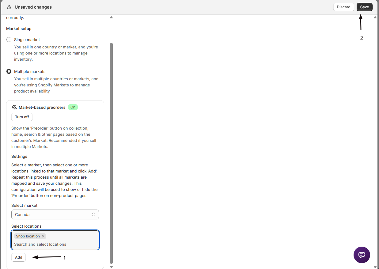 Mapping a Shopify Market to its inventory locations with the Add button