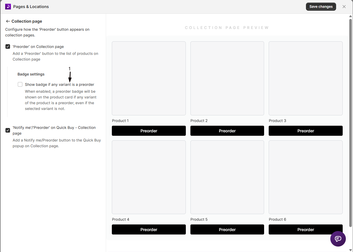 The Badge settings sub-section with the Show badge if any variant is a preorder checkbox