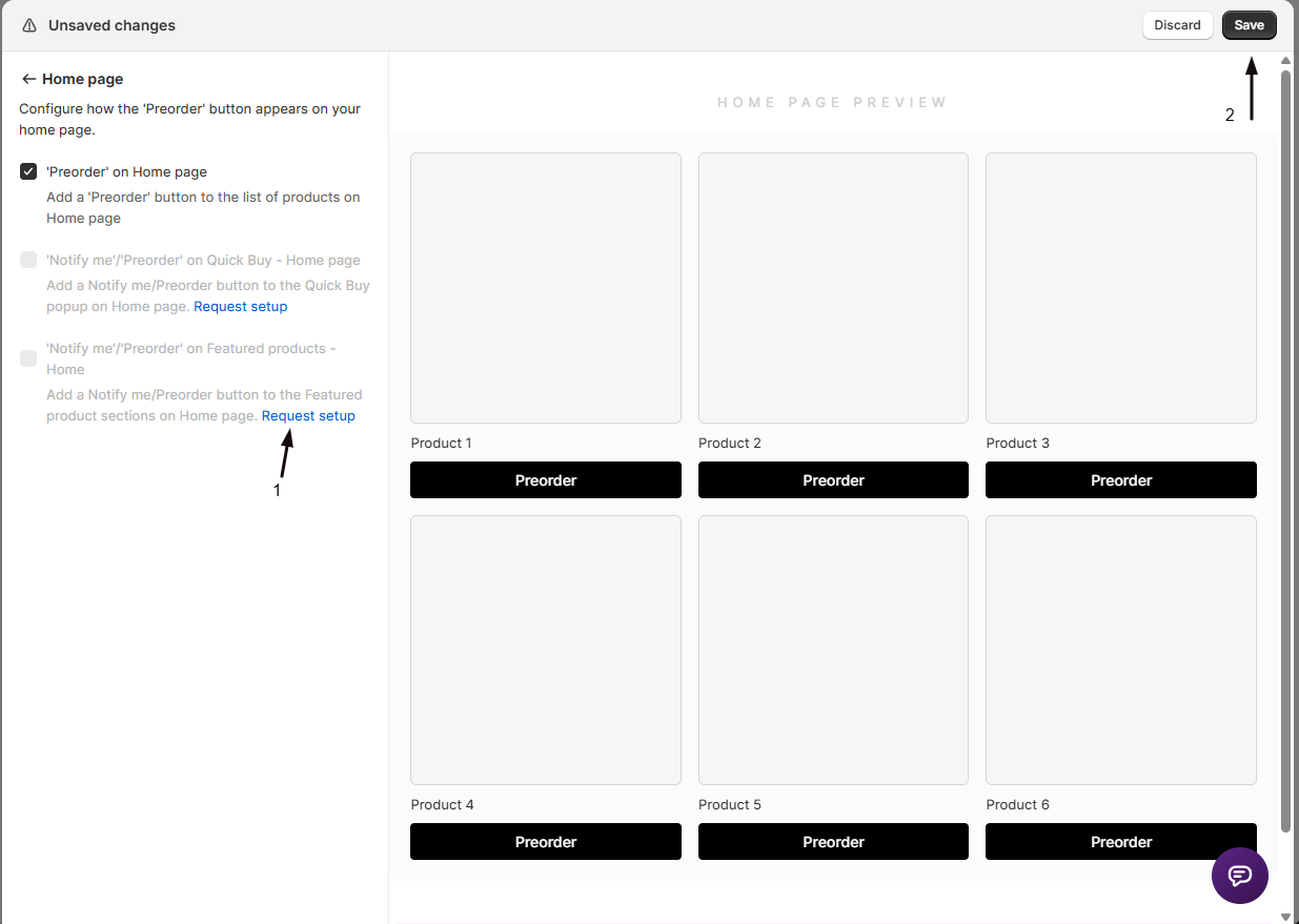 The Featured products on Home checkbox with a Request setup link