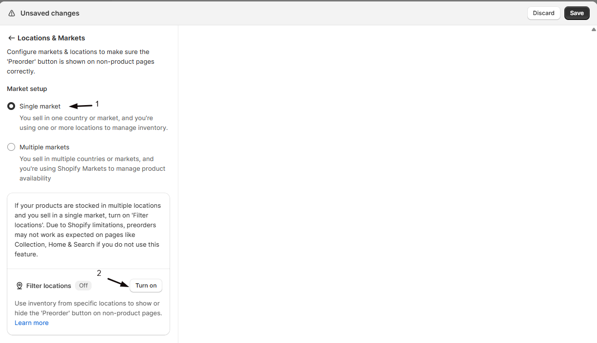 The Filter locations toggle on, with the list of Shopify locations