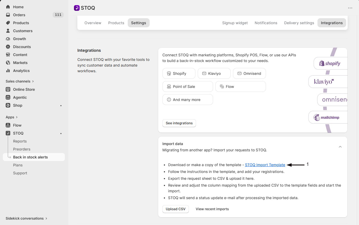 The STOQ Import Template link in the Import data card