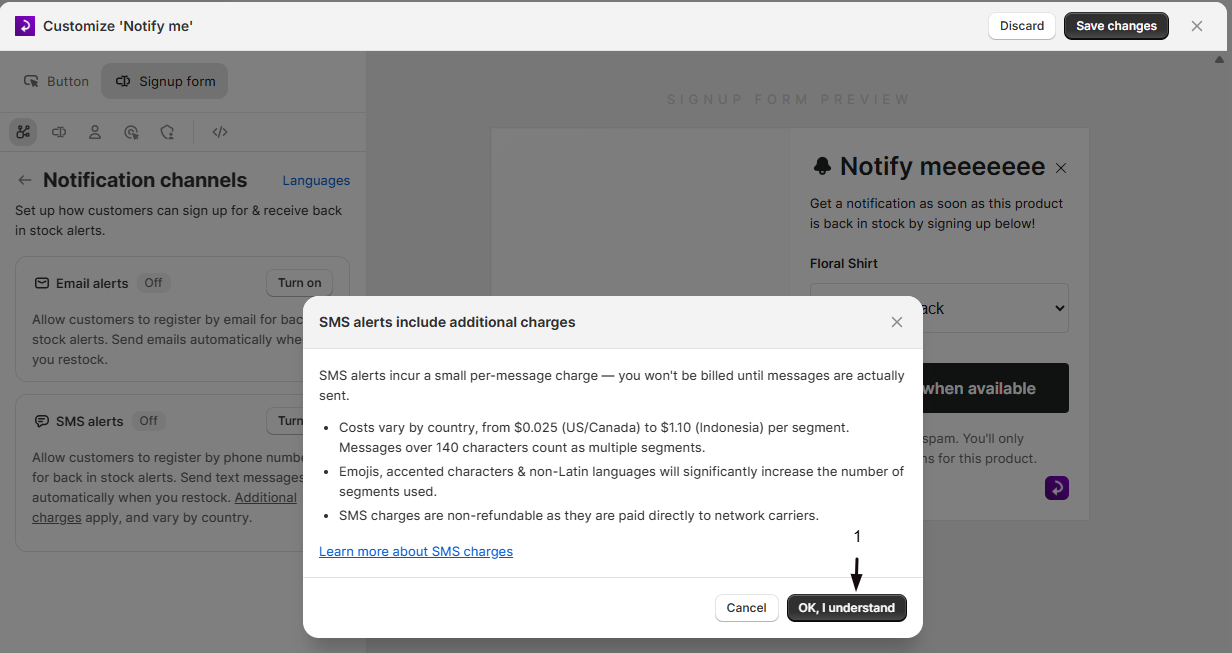 The per-message charge confirmation dialog