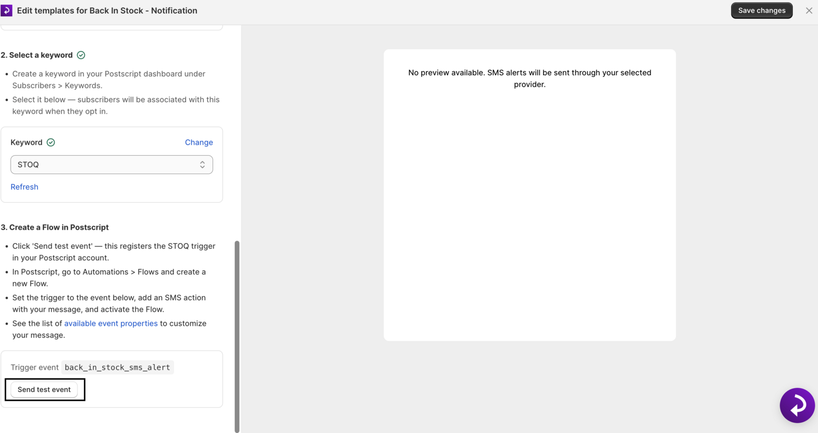 The Send test event button in STOQ