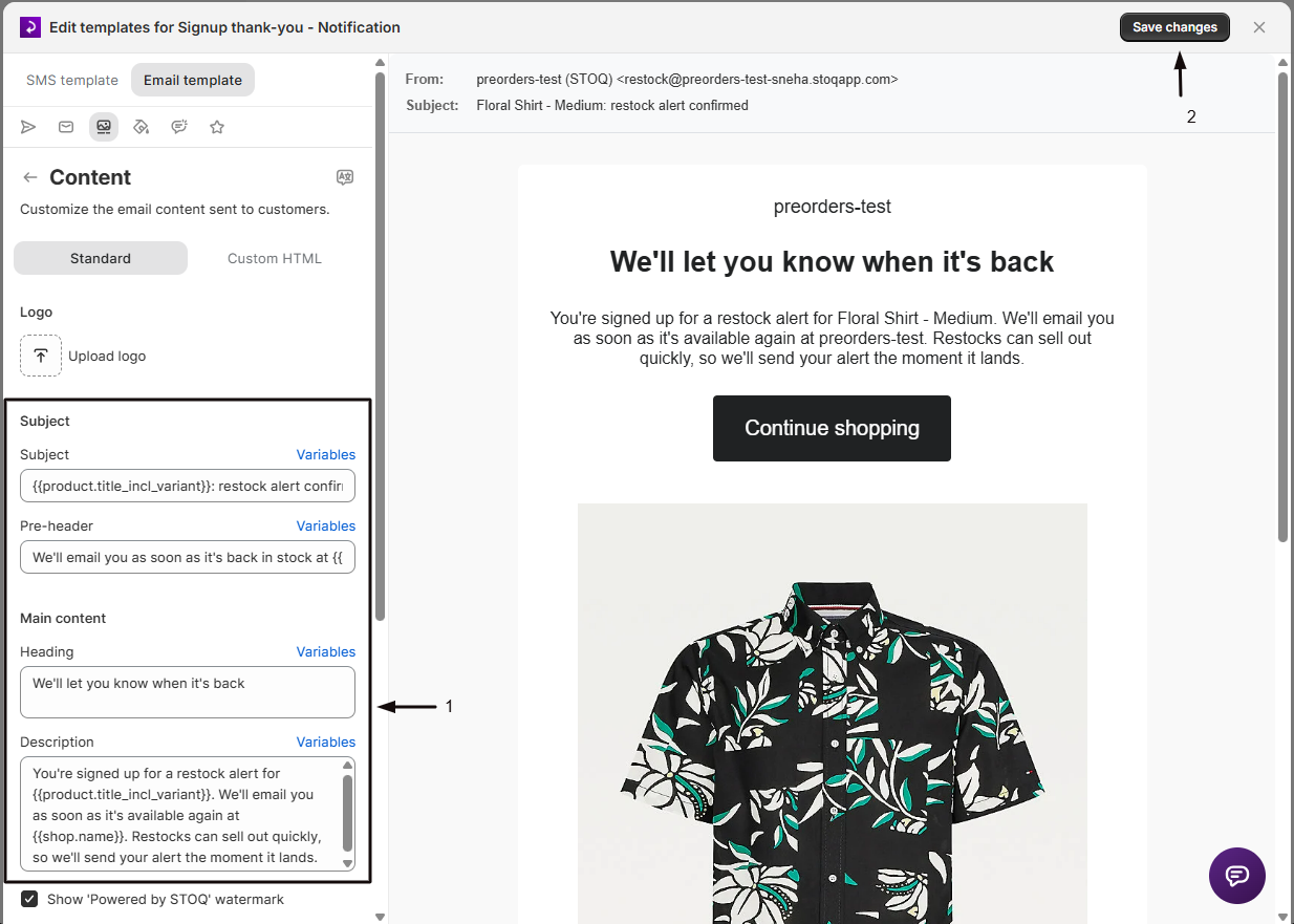 The thank-you email editor