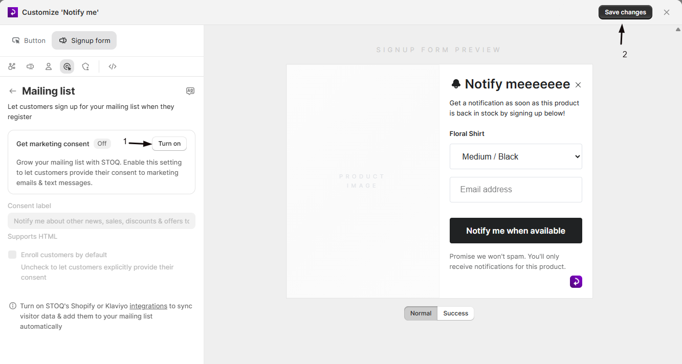 The Get marketing consent toggle turned on