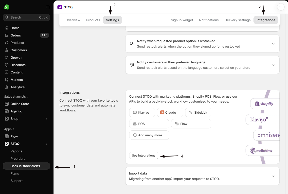 STOQ Back in stock alerts Settings Integrations sub-tab with markers: 1 Back in stock alerts in the left menu, 2 the Settings tab, 3 the Integrations sub-tab, 4 the See integrations button