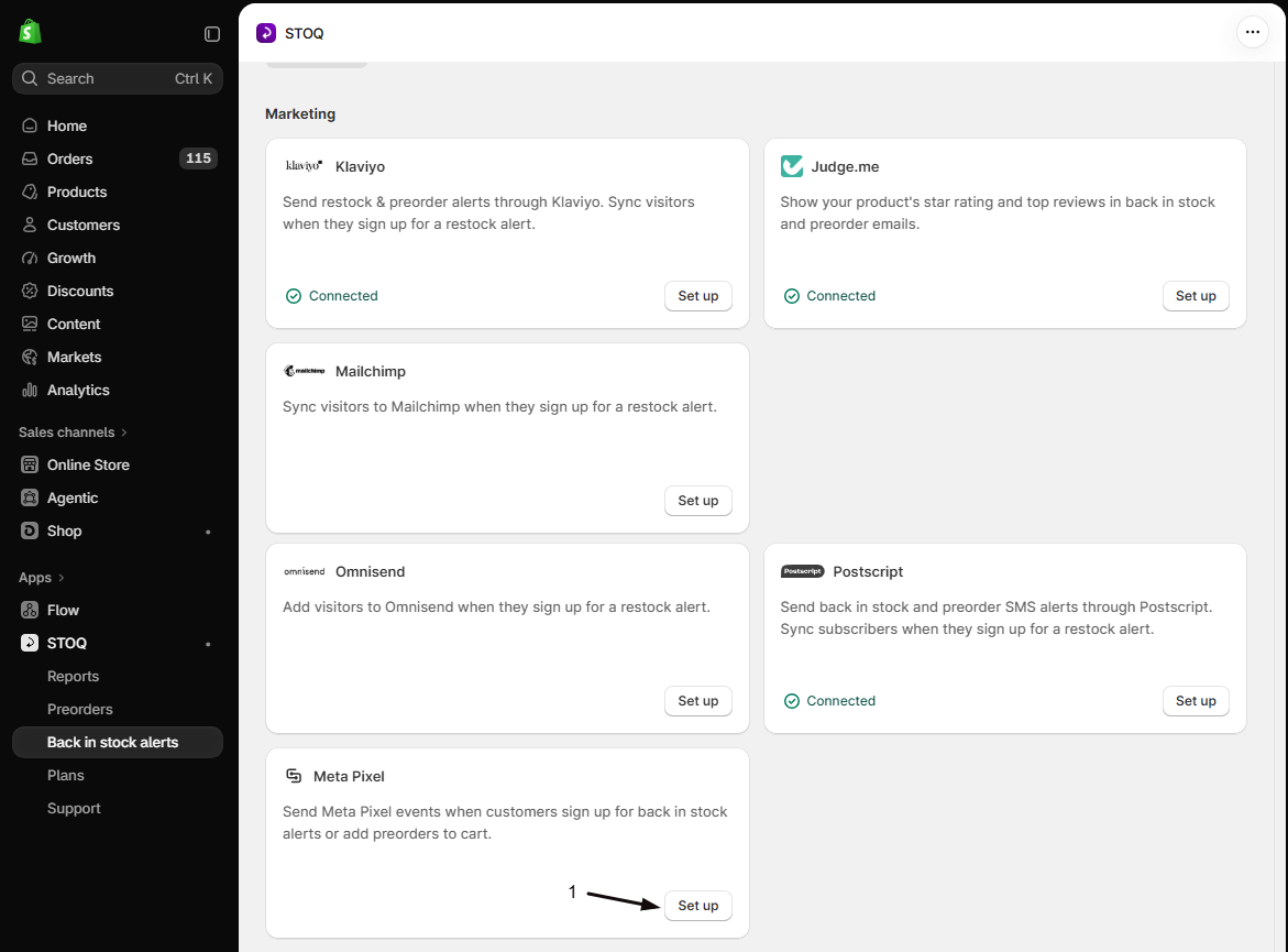 The full Integrations page Marketing section with marker 1 on the Set up button of the Meta Pixel card